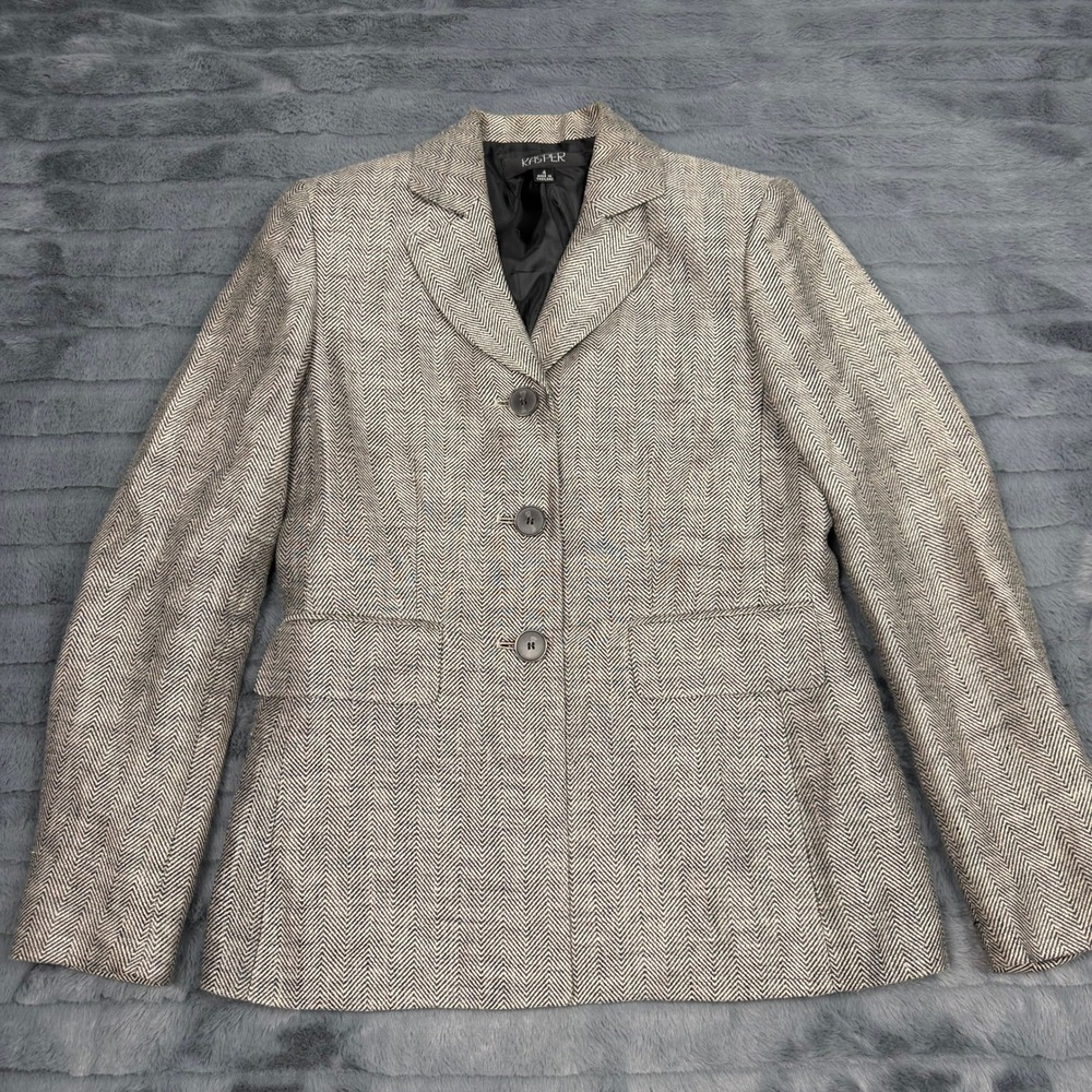 Kasper Womens Linen Herringbone Blazer Jacket Black White Size 4 Professional